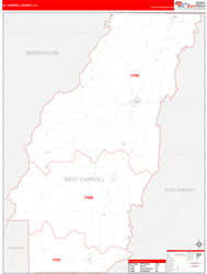 W. CarrollParish (County), LA Wall Map Zip Code Red Line Style 2024